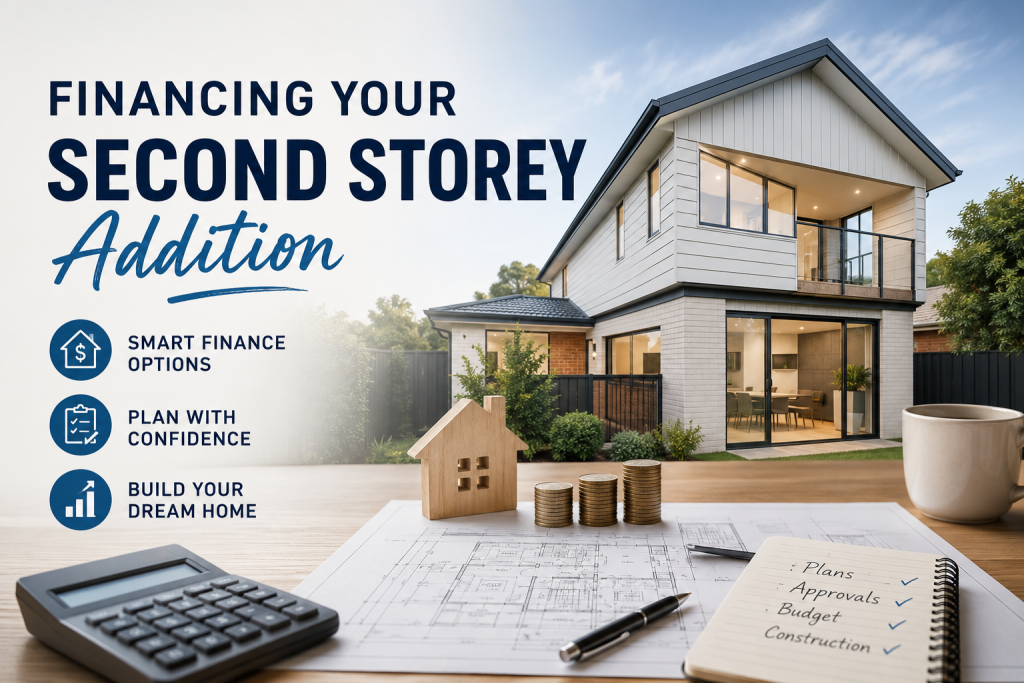 Modern two-storey home extension with house plans, calculator and savings concept illustrating financing options for a second storey addition.