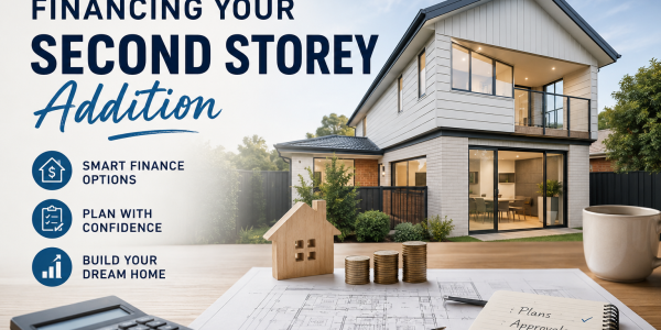 Modern two-storey home extension with house plans, calculator and savings concept illustrating financing options for a second storey addition.