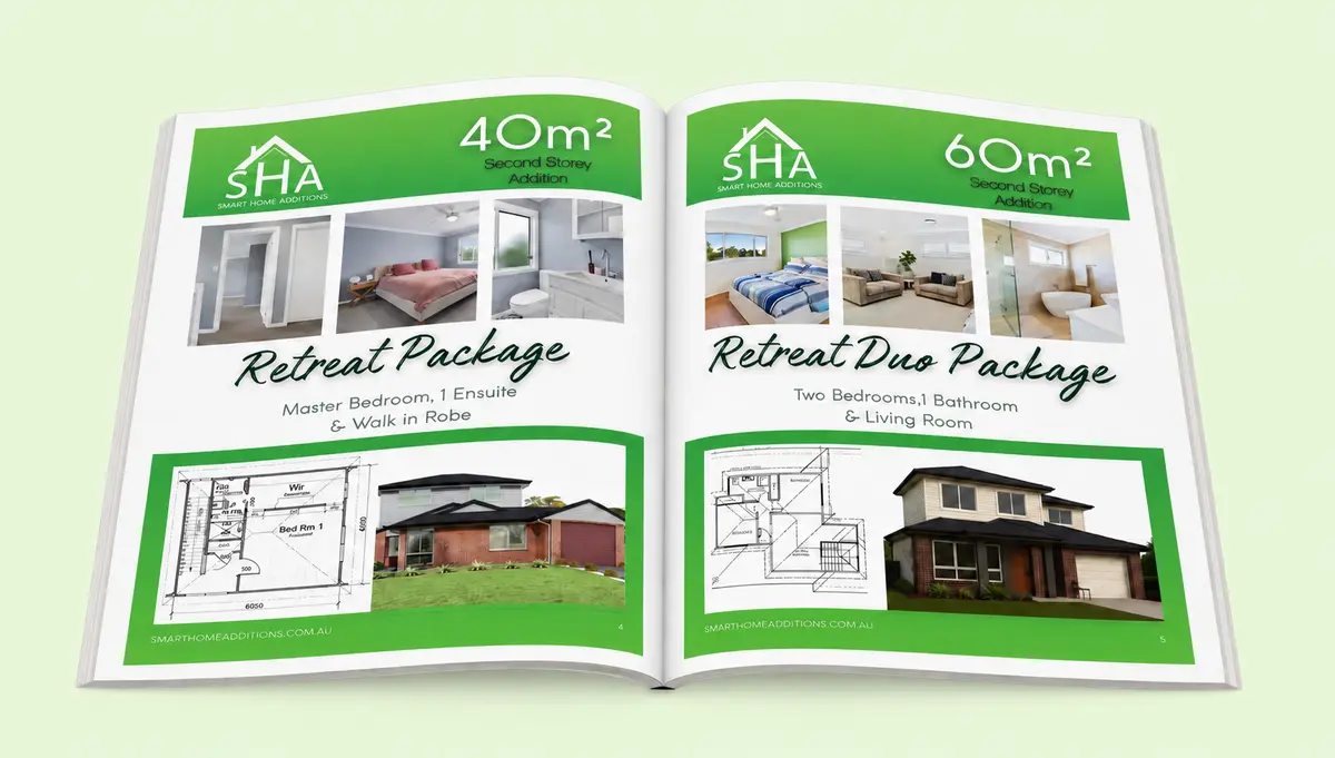 Open Smart Home Additions second storey package guide showing 40m² and 60m² layouts